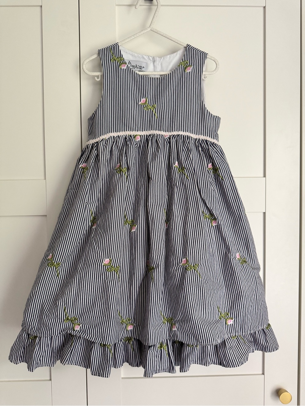 Pippa & Julie Girls Size 6 Navy Stripe Embroidered Floral Ruffle Party Dress